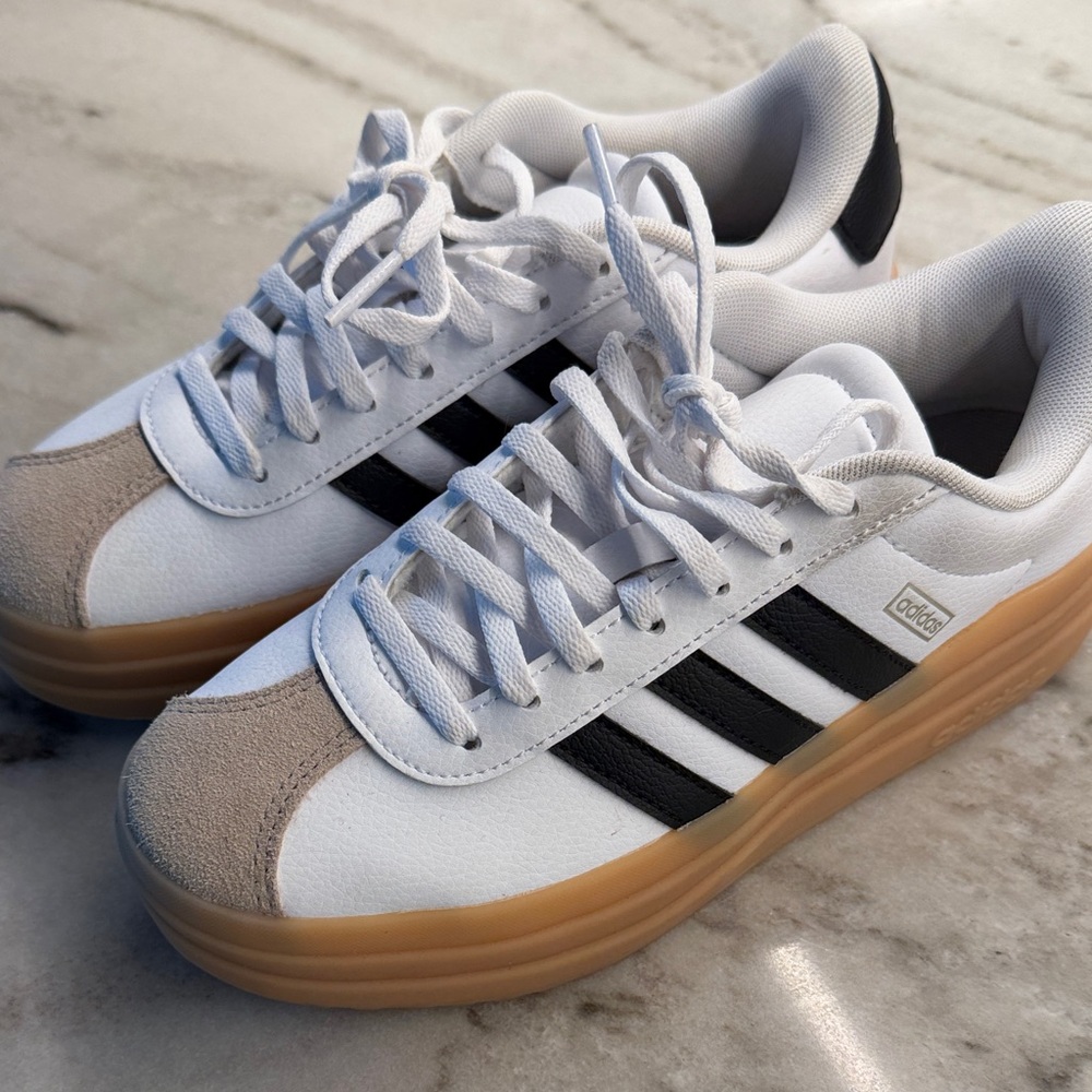 Adidas Men's White, Black, and Tan Sneakers